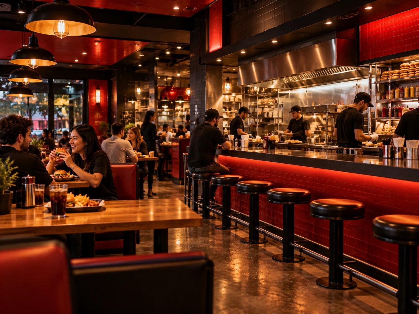 Gäste und Personal in einem modernen Fast-Food-Restaurant