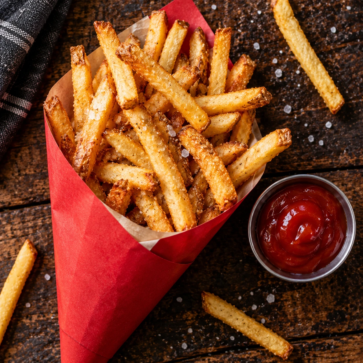 Knusprige Pommes frites mit Ketchup